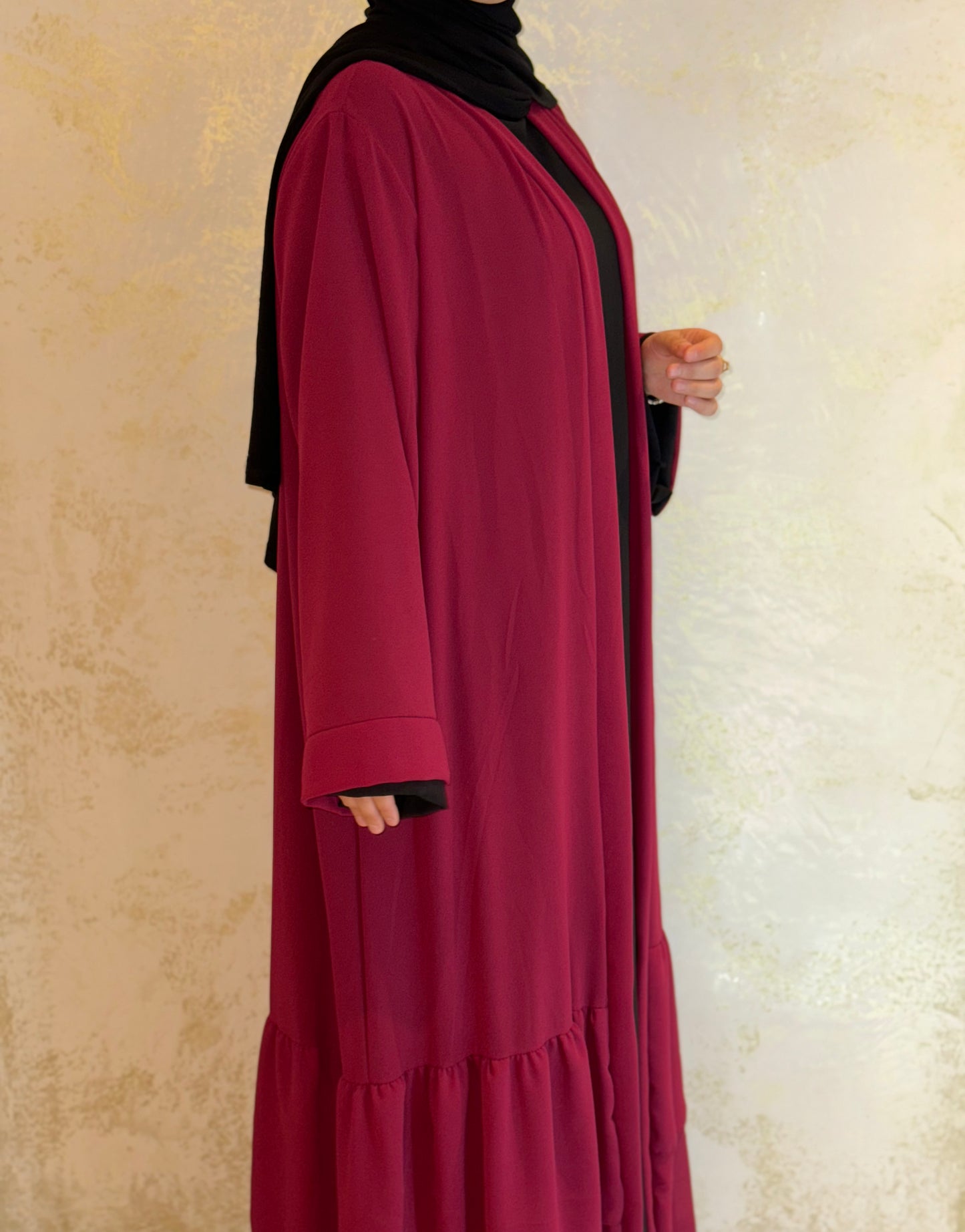 Chiffon Abaya mit Rüschen - Burgundy