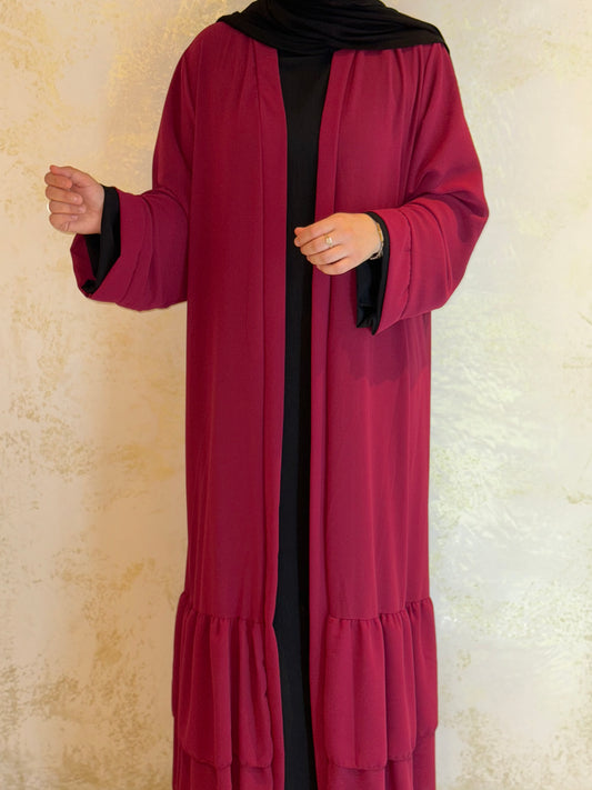 Chiffon Abaya mit Rüschen - Burgundy