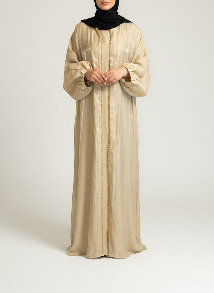 Nesthetics glänzendes Abaya Kimono Set aus Polyester in Beige mit Rundhalsausschnitt und Gürtel, ideal als Abendkleid.