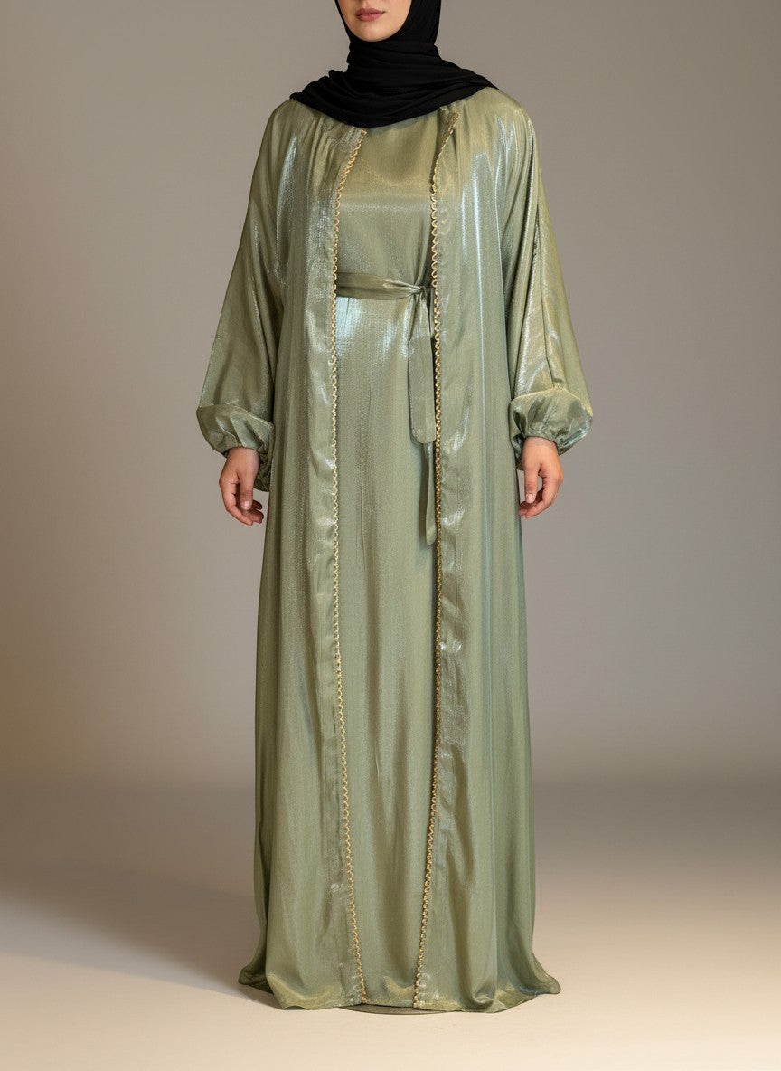 Nesthetics glänzendes Abaya Kimono Set aus Polyester in Khaki und Beige mit Rundhalsausschnitt und Gürtel, ideal als Abendkleid.