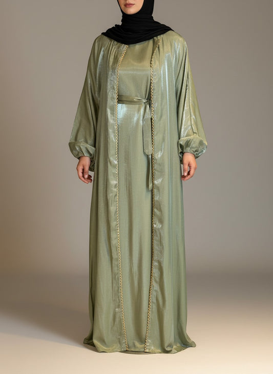 Nesthetics glänzendes Abaya Kimono Set aus Polyester in Khaki und Beige mit Rundhalsausschnitt und Gürtel, ideal als Abendkleid.