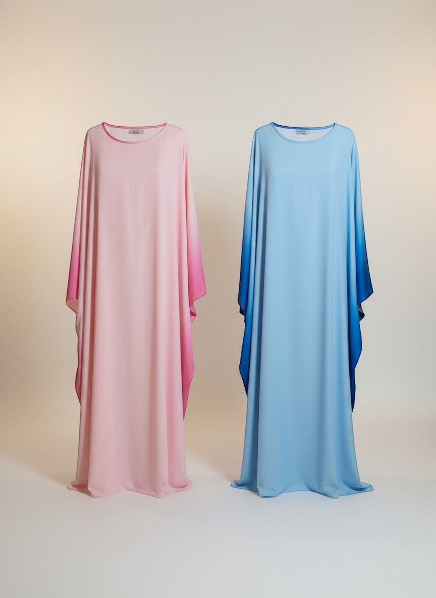 Nesthetics taillierte Butterfly Abaya aus fließendem Satin in Rosa und Blau mit Farbverlauf, ideal als Abendkleid.