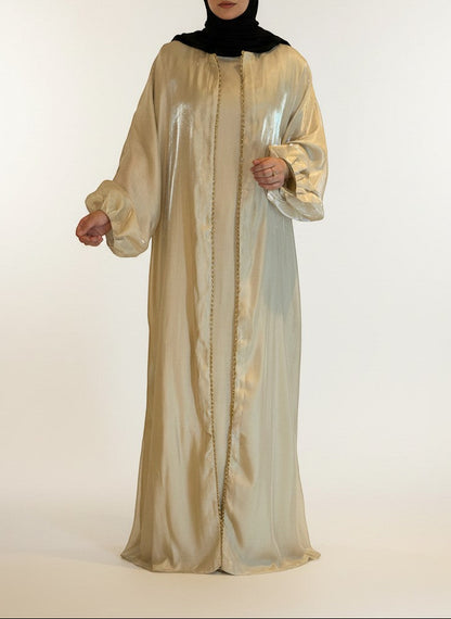 Nesthetics glänzendes Abaya Kimono Set aus Polyester in Beige mit Rundhalsausschnitt und Gürtel, ideal als Abendkleid.