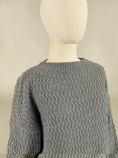 Nesthetics grey knit set with zigzag pattern, crew neck, and balloon sleeves. Mohair blend.