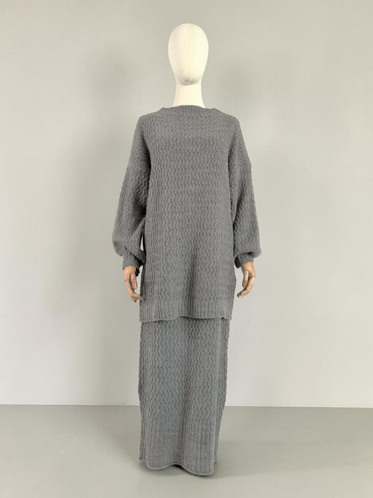 Nesthetics grey knit sweater with balloon sleeves and matching midi skirt with zigzag pattern. Mohair blend.