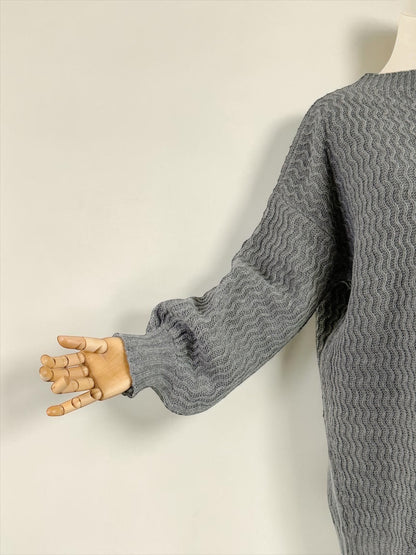 Nesthetics grey knit sweater with balloon sleeves and zigzag pattern, made with mohair blend for warmth.