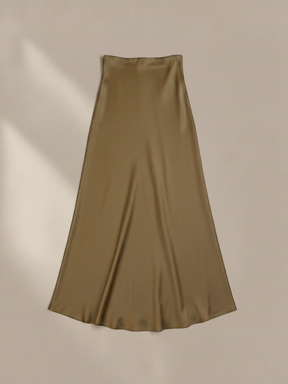 Nesthetics olive green satin midi skirt with a flowing drape and subtle sheen, perfect for elegant occasions.